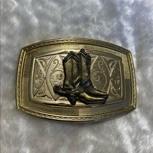 ☘️VTG Belt Buckle Brass Cowboy Boot Accents Gold Tone